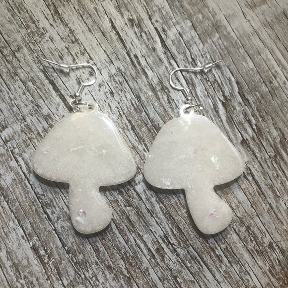 Mushroom Earrings - Handmade Pearlescent & Iridescent Rainbow Confetti - Picture 7 of 8